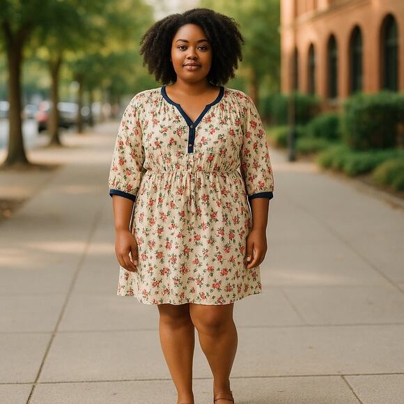 Spruce & Sage Plus Size 20 Cream Navy Floral Midi Dress V-Neck Tie Waist - Picture 15 of 15